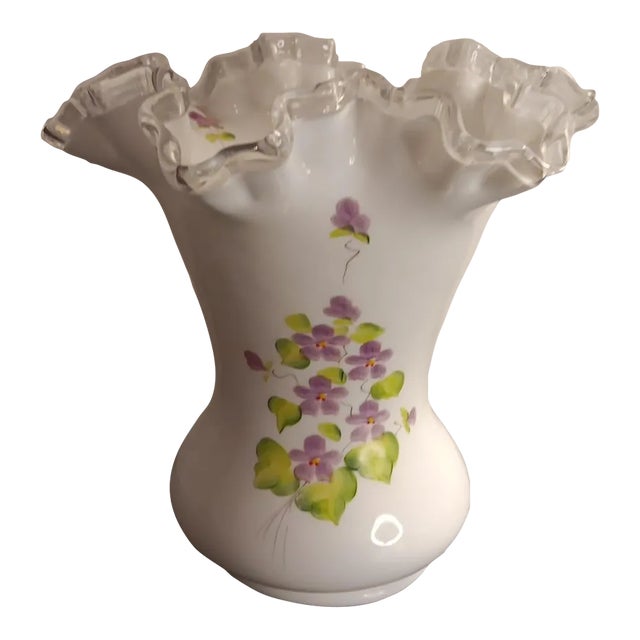 Fenton 1970s Silvercrest Milk Glass Violets Vase For Sale