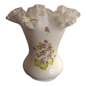 Fenton 1970s Silvercrest Milk Glass Violets Vase