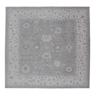 Square Oushak Rug in Cool Gray and Ivory With Refined Allover Floral 12'0 X 12'4 For Sale