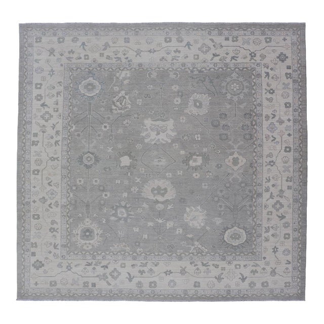 Square Oushak Rug in Cool Gray and Ivory With Refined Allover Floral 12'0 X 12'4 For Sale