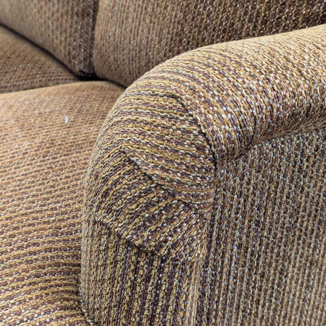Comfortable 3-Seat Brown Fabric Sofa With Rolled Arms For Sale In San Francisco - Image 6 of 9
