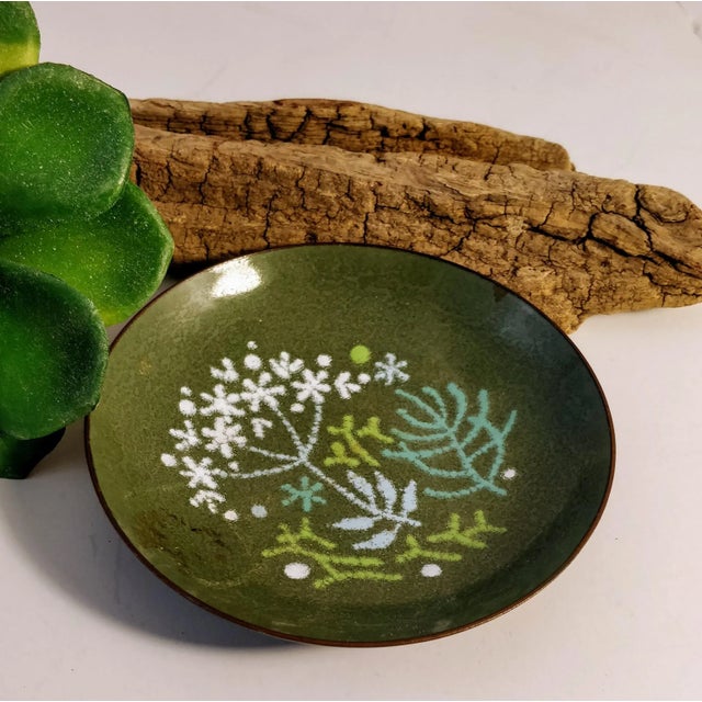 Vintage enamel on copper trinket dish, signed on back. Soft blues, greens and whites. Please use photos as part of the...