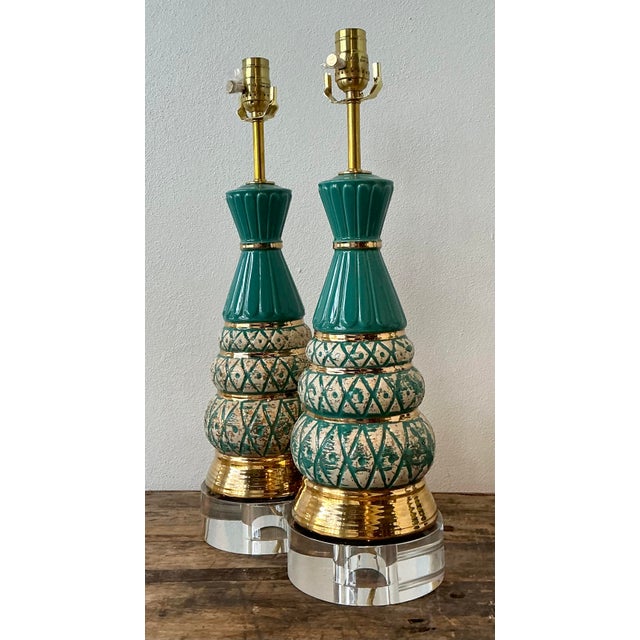 Vintage MCM Glazed Ceramic Lamps - A Pair For Sale - Image 4 of 8