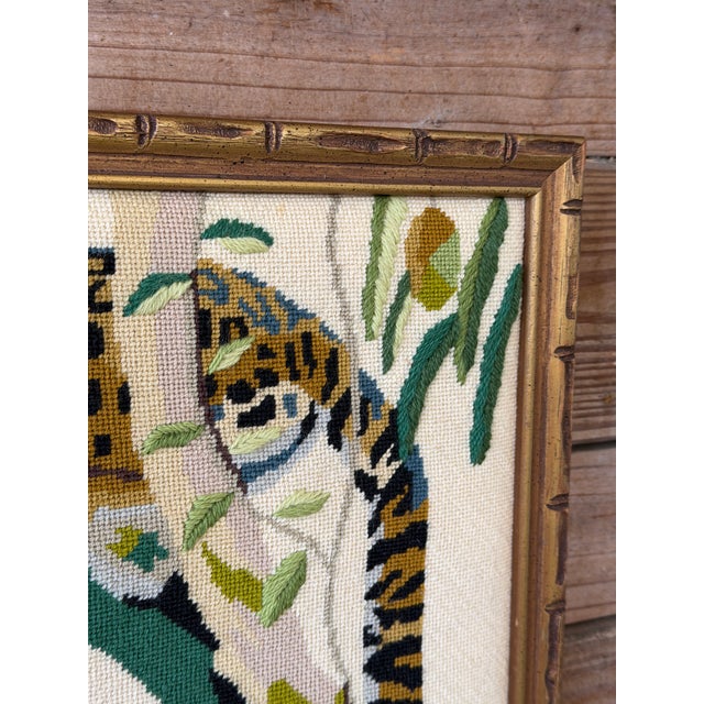 1970s Vintage Leopard Jungle Needlepoint Textile Art in Faux Bamboo Frame For Sale - Image 5 of 11