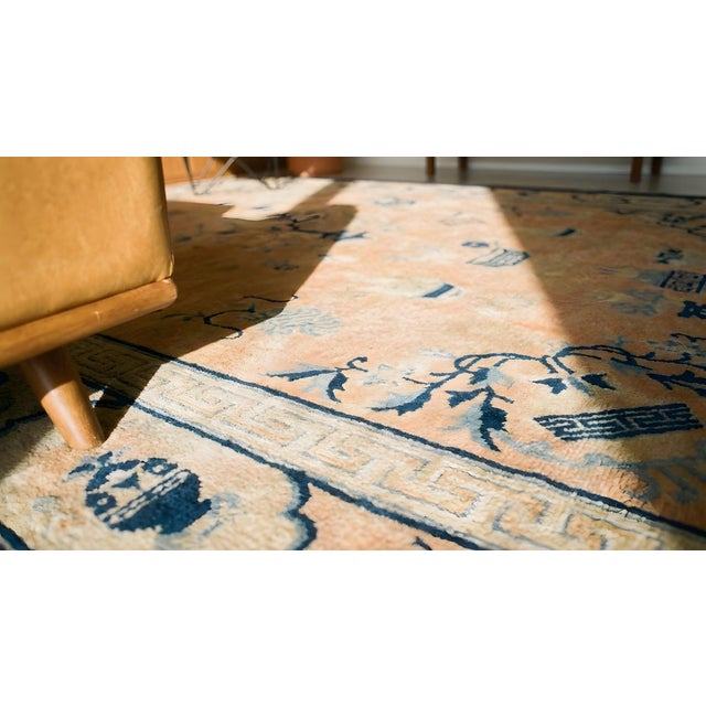 1890s Rose Pink Floral Vase Qing Antique Chinese Peking Carpet 6'6''x 8'4'' Knotted Wool Rug For Sale - Image 11 of 12