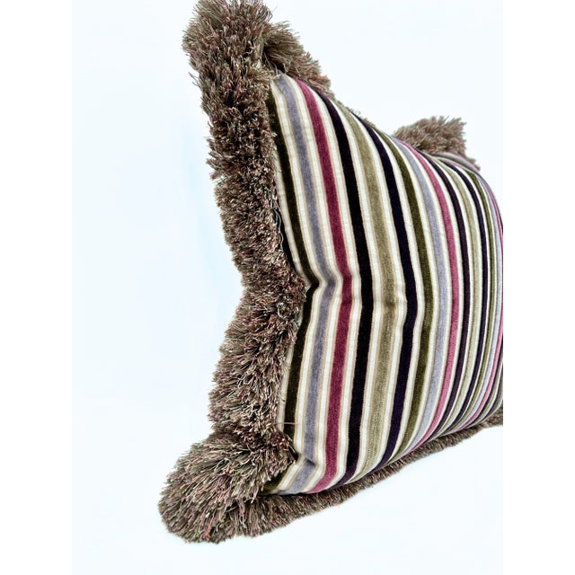 Custom made pillow. Cut velvet multicolor stripe front. Lavender silk back. With multitonal fringe. Hidden zipper closure....