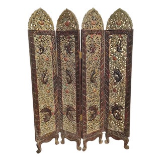 Large Oriental Polychrome Wooden Screen, 1930 For Sale