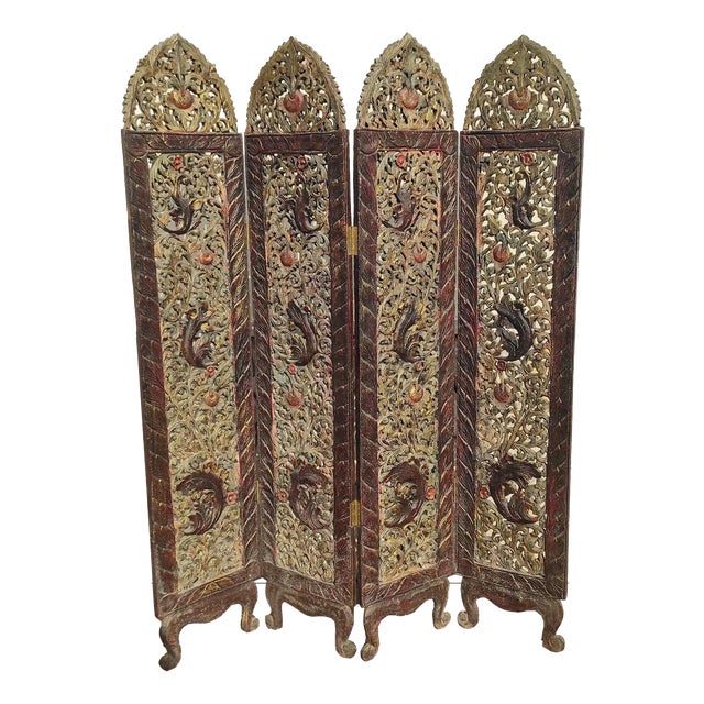Large Oriental Polychrome Wooden Screen, 1930 For Sale