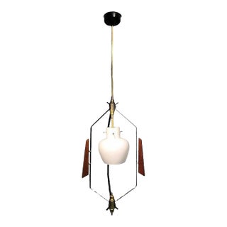 1960s Mid-Century Modern Italian Pendant Lamp by Stilnovo in Brass, Teak, and Opaline Glass For Sale