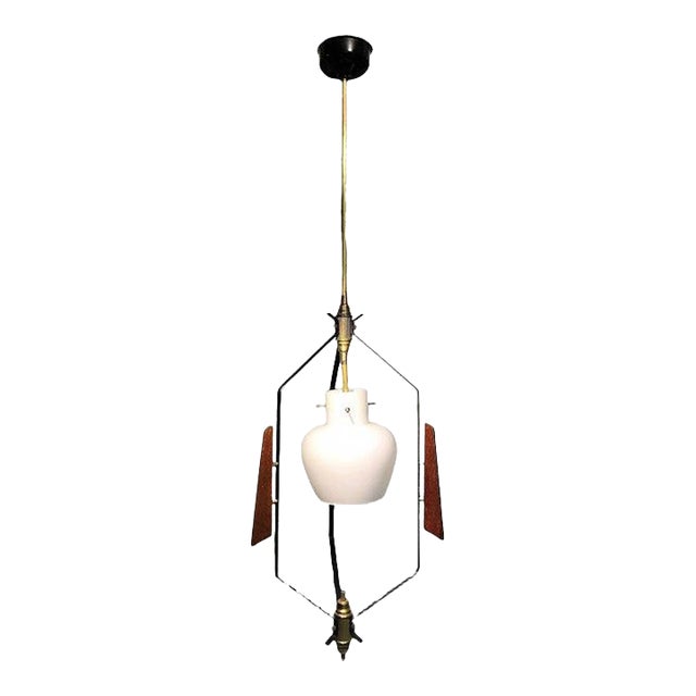 1960s Mid-Century Modern Italian Pendant Lamp by Stilnovo in Brass, Teak, and Opaline Glass For Sale