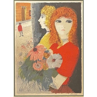 Charles Levier, Large Modernist Paris Street Scene Wine Shop Montmartre Cafe Ladies Lithograph, c.1960's For Sale