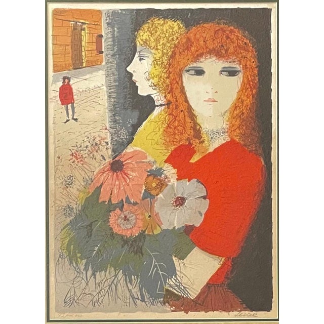 Charles Levier, Large Modernist Paris Street Scene Wine Shop Montmartre Cafe Ladies Lithograph, c.1960's For Sale