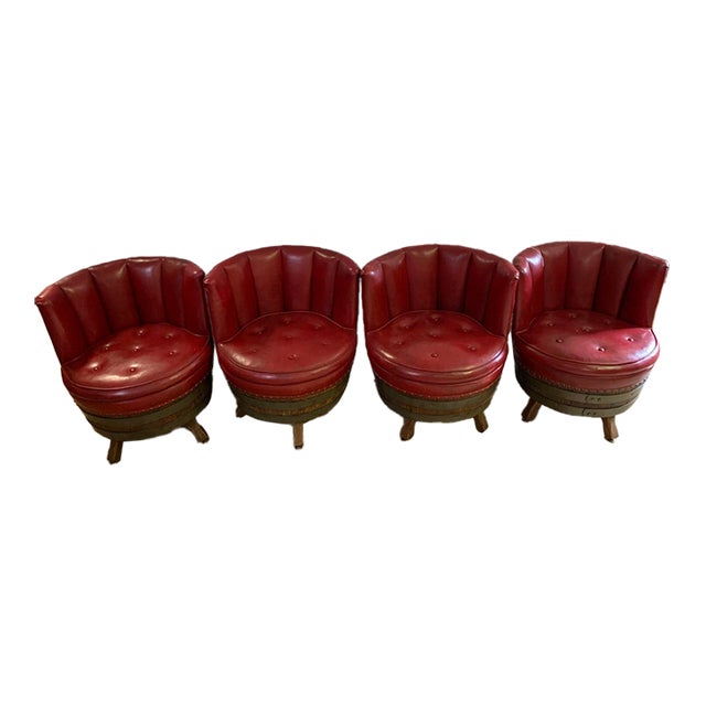 Set of 4 Vintage 1970s Whiskey Barrel Chairs | Red Vinyl For Sale