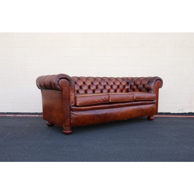1940s Pegasus Tufted Chesterfield Sofa in Distressed Brown Leather For Sale - Image 9 of 18