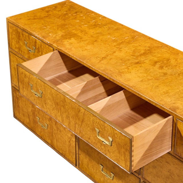 John Widdicomb Campaign Mid Century Burlwood and Brass Lowboy Dresser For Sale In Chicago - Image 6 of 10