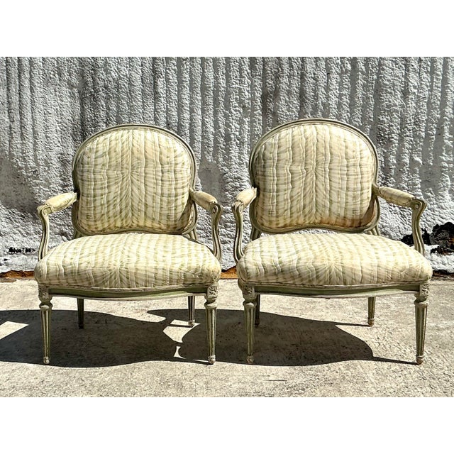 Ivory Vintage Regency Swag Print Fauteuil - A Pair For Sale - Image 8 of 12