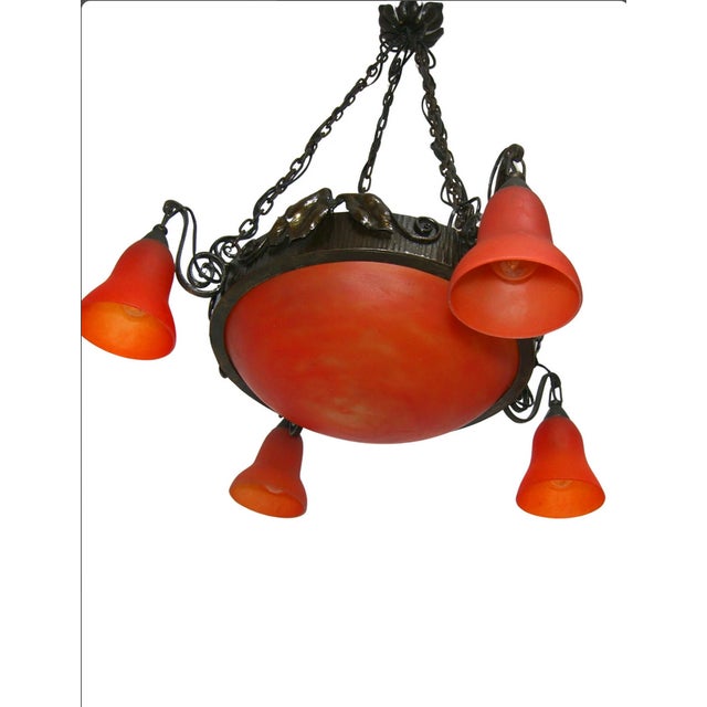 French Art Deco Art Nouveau Pate de Verre Chandelier, 1980s For Sale - Image 4 of 11