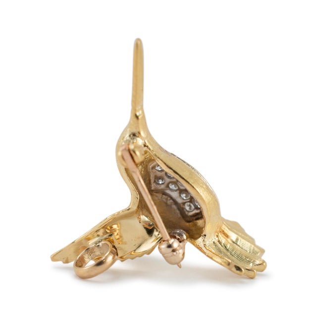 Vintage 18k Yellow Gold Ruby Diamond Hummingbird Pin Brooch Pendant For Sale - Image 4 of 6
