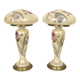 Pair of Art Deco Stye Mushroom Table Lamps With Irises For Sale