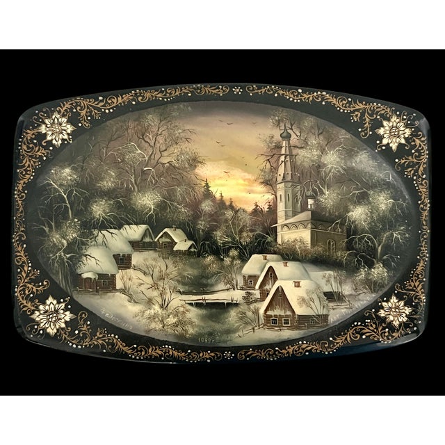 Vintage Russian Black Lacquer Fedoskino Box, Mother of Pearl Sunset, Winter Snow, Artist Signed & Dated For Sale In Tampa - Image 6 of 13