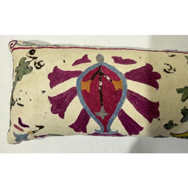 Single Long Antique Silk Embroidery Suzani Pillow For Sale In Miami - Image 6 of 12