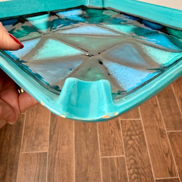 Mid Century Modern Aldo Londi Vetrata Bitossi Italy Teal Ceramic Ashtray Rare For Sale In Palm Springs - Image 6 of 11
