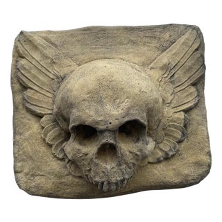 Gothic Winged Masonic Skull Stone Wall Plaque For Sale