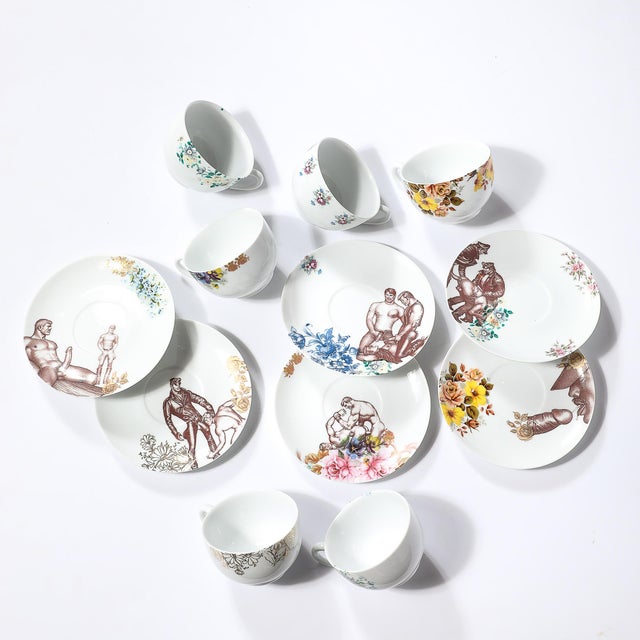 Porcelain Erotic Coffee/Tea Set of Six Cups & Saucers After Tom of Finland For Sale - Image 4 of 7