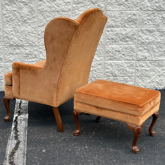 Vintage Ethan Allen Queen Anne style wing chair and ottoman set with original burnt orange velvet upholstery. Footstool...
