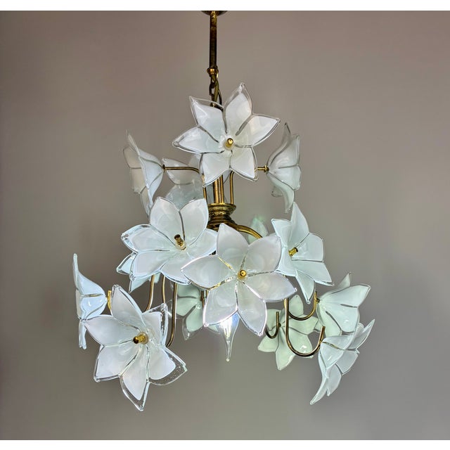 Vintage Murano Style Glass Flower Chandelier, White Floral Ceiling Light, Italian Romantic Bedroom Lighting - a Pair For Sale - Image 12 of 16