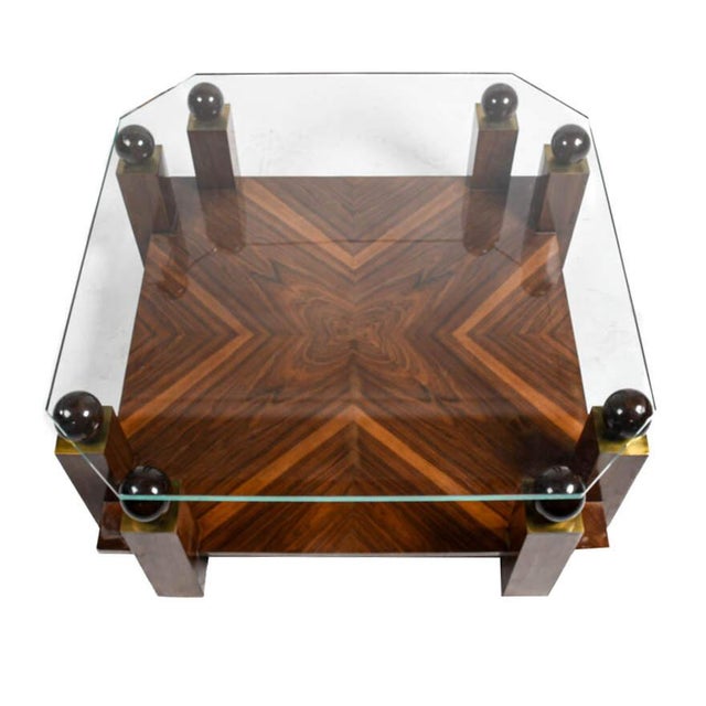 Mid-Century Modern Mid-Century Modern Style Walnut & Burl Wood Coffee Table With Glass Top and Spherical Finials For Sale - Image 3 of 8