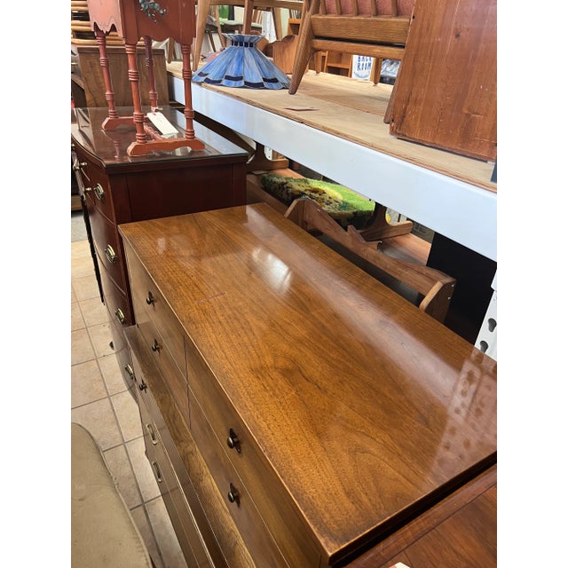 Vintage Mid Century Modern Highboy Walnut Toned Dresser With Elements of Traditional Woodworking With 5 Drawer Storage in the Style of Drexel For Sale In Seattle - Image 6 of 6