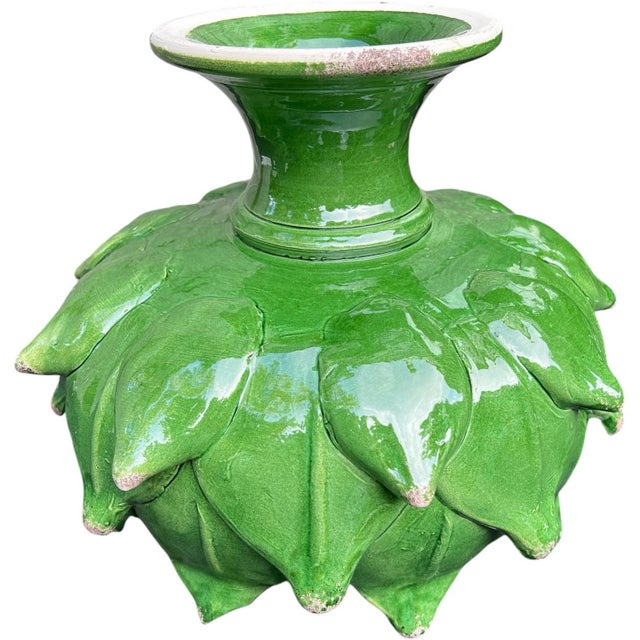 Majolica Sculptural Emerald Green Artichoke Pedestal Bowl, Hand Made Tuscany, Italy For Sale - Image 4 of 6