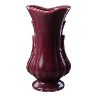 1940’s Rare Vintage McCoy Petal Leaf Flared Vase - Mauve Burgundy Gloss Glaze For Sale