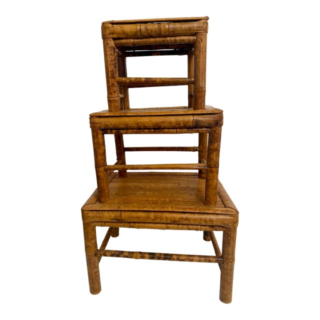 Stacking Bamboo Burnt Tortoise Plant Stands For Sale