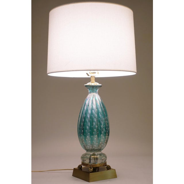 Turquoise Rare Large Turquoise "Costolato" Barovier Toso Murano Italy Thick Bubble Blown Art Glass Brass Table Lamp 1960s For Sale - Image 8 of 14