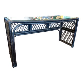 1980s Black Painted Rattan Console Table or Desk With Glass Top Inserts For Sale