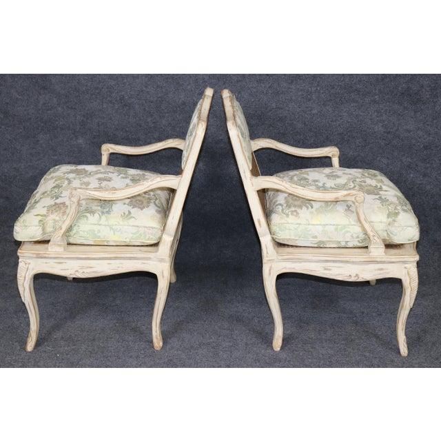 French Pair Louis XV Style French Cream Distressed Painted Cane Back Armchairs For Sale - Image 3 of 16