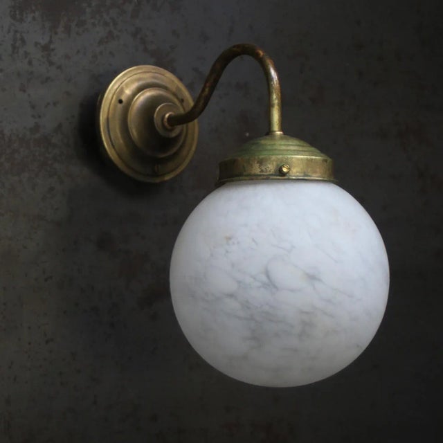 Industrial French White Marble Opaline Glass Brass Sconces Wall Lamp For Sale - Image 3 of 7