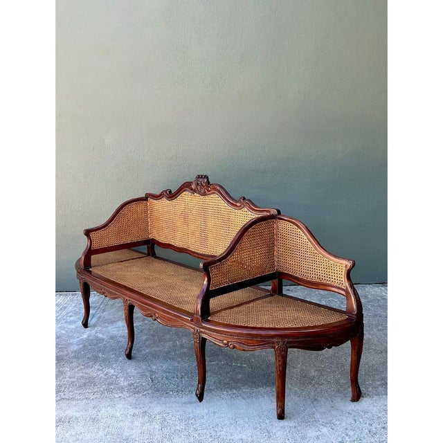 Vintage Carved Wood and Cane Settee For Sale In West Palm - Image 6 of 12