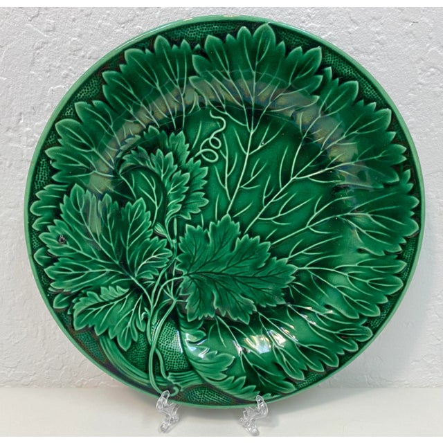 Gorgeous Set of 3 Green Antique Majolica Salad / Dessert Plates With Grape Leaves From England For Sale - Image 4 of 10