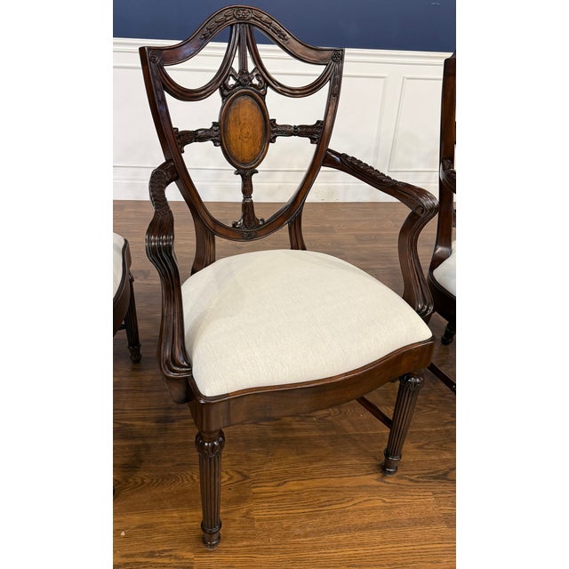 Set of Four Inlaid Shieldback Dining Chairs With Arms - Showroom Samples For Sale - Image 11 of 12