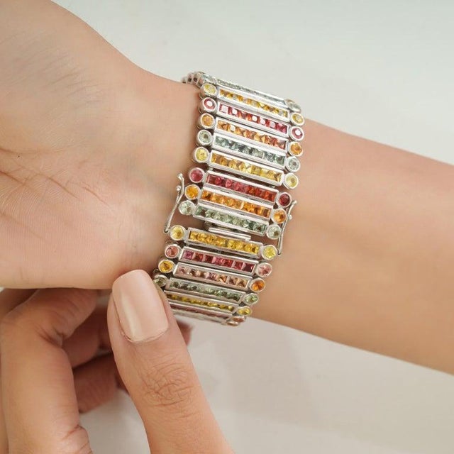 Elegant Multi-Row Multi-Sapphire Bracelet | 48.70 CTW | Sterling Silver For Sale - Image 12 of 16