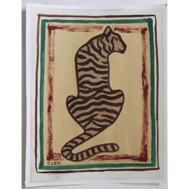 2020s Tiger Minimalism Pop Art Folk Art Shabby Chic Goldenrod Brown Beige Original Painting by Cleo Plowden For Sale - Image 5 of 5