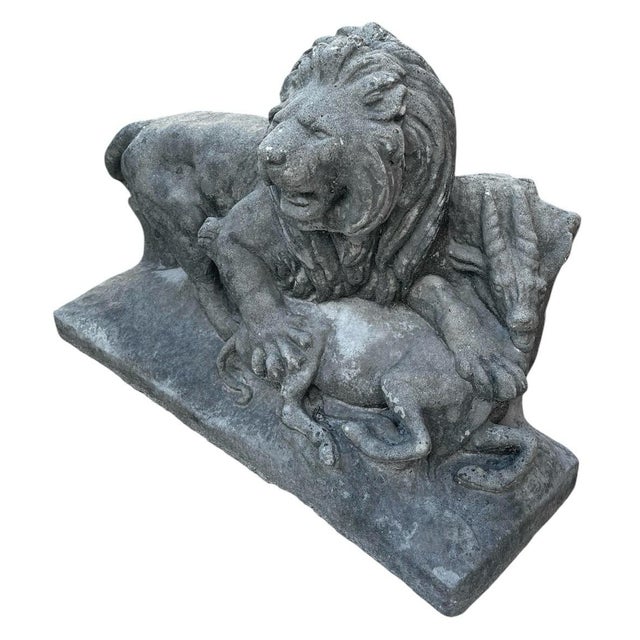 2000 - 2009 Vintage Cast Stone Sculpture of a Lion Attacking an Antelope For Sale - Image 5 of 11