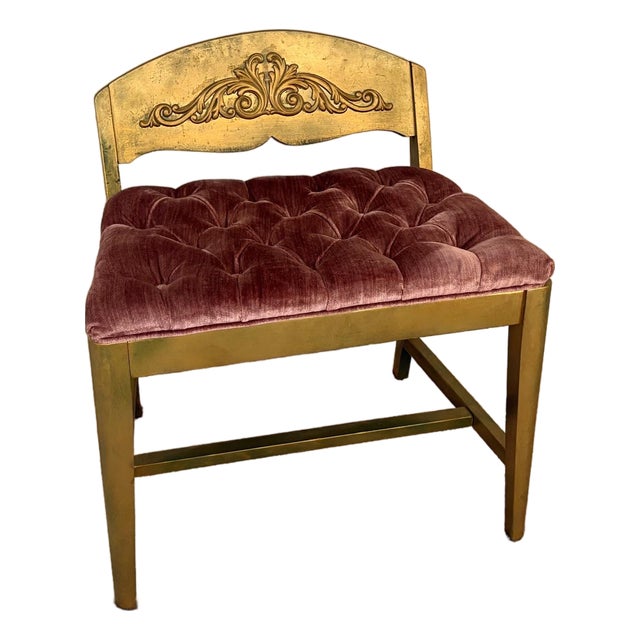 1950s-60s Hollywood Regency Giltwood/Pink Tufted Velvet Low Stool For Sale