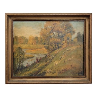 1920s Ernest Fredericks Autumn River Landscape, Oil on Board, American Impressionist For Sale