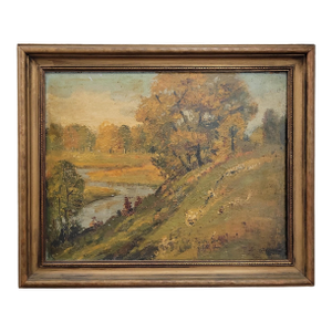 1920s Ernest Fredericks Autumn River Landscape, Oil on Board, American Impressionist