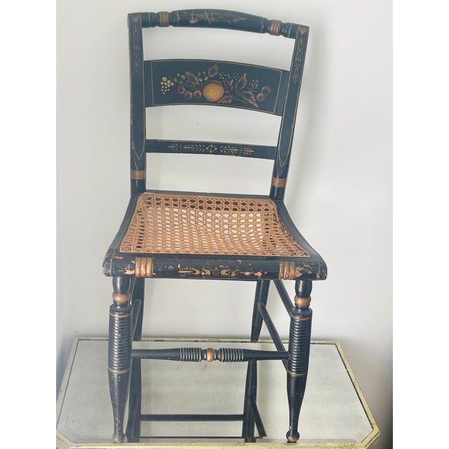 Great 19 th c American Antique Handpainted side chair with cane and silk brocade tufted seat cushion. Distressed finish...