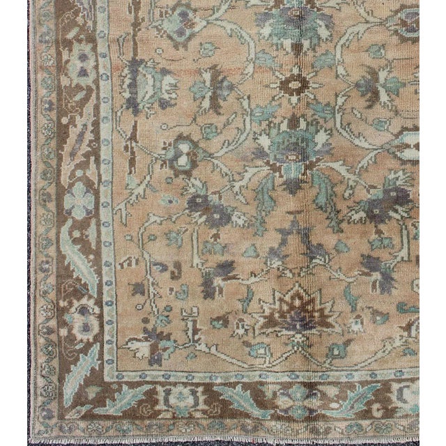 Tribal Floral Vintage Turkish Oushak Rug in Cream, Green, Light Peach and Brown 5'1 X 7'8 For Sale - Image 3 of 8